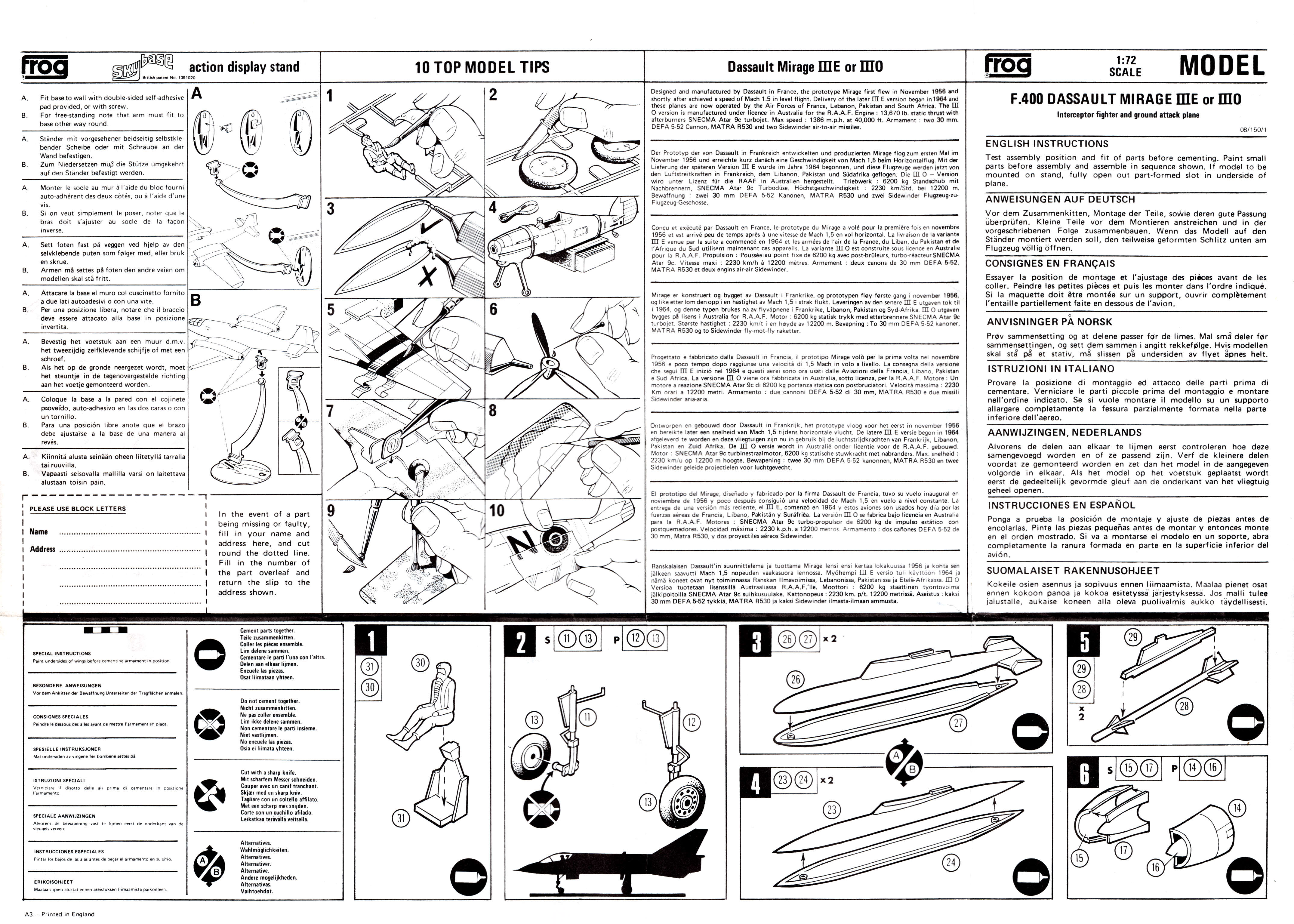 Instructions leaflet FROG F400 Mirage IIIE/O Interceptor / Ground Attack, 1975
